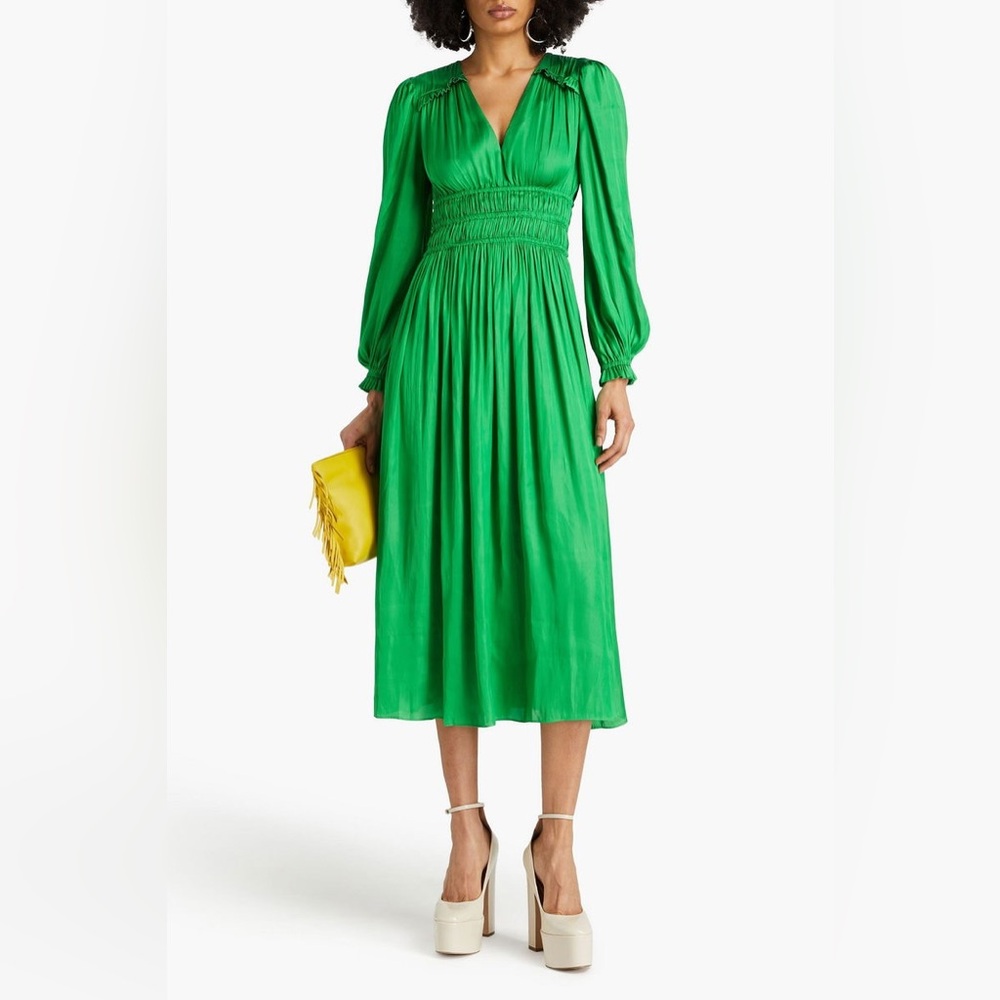 Maje Green shirred satin midi dress